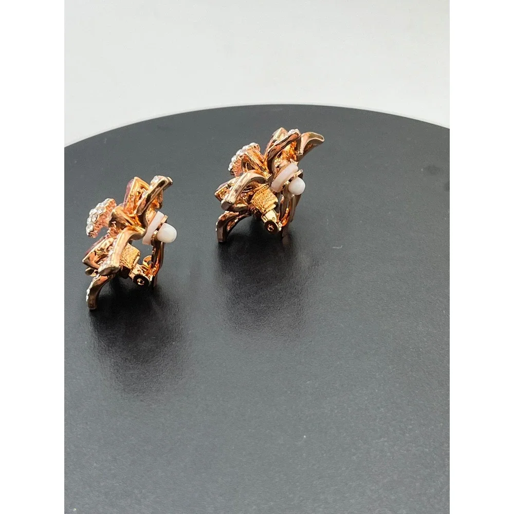 Joan Boyce JB Vintage Rose Gold Blooming Floral Pink Rhinestone CZ Clip Earrings